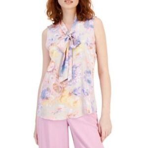 TAHARI ASL Bow Neck Blouse Pastel Multi Floral Sleeveless Women's Size L